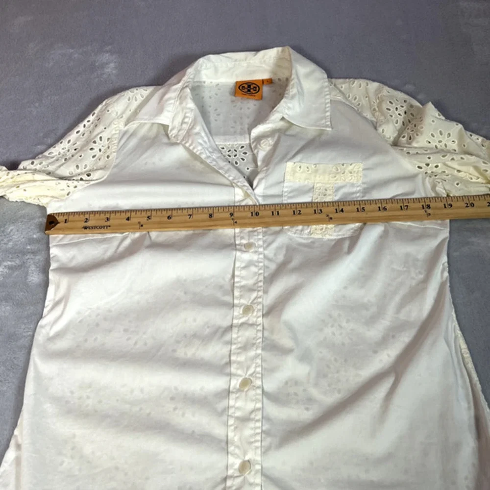 Tory Burch Blouse Womens Size 8 Off White Cream Top Eyelet Button Down Cuff Link